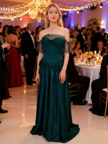 Lace Italian Satin Prom Dress Long Offer Shoulder Evening Party Dresses